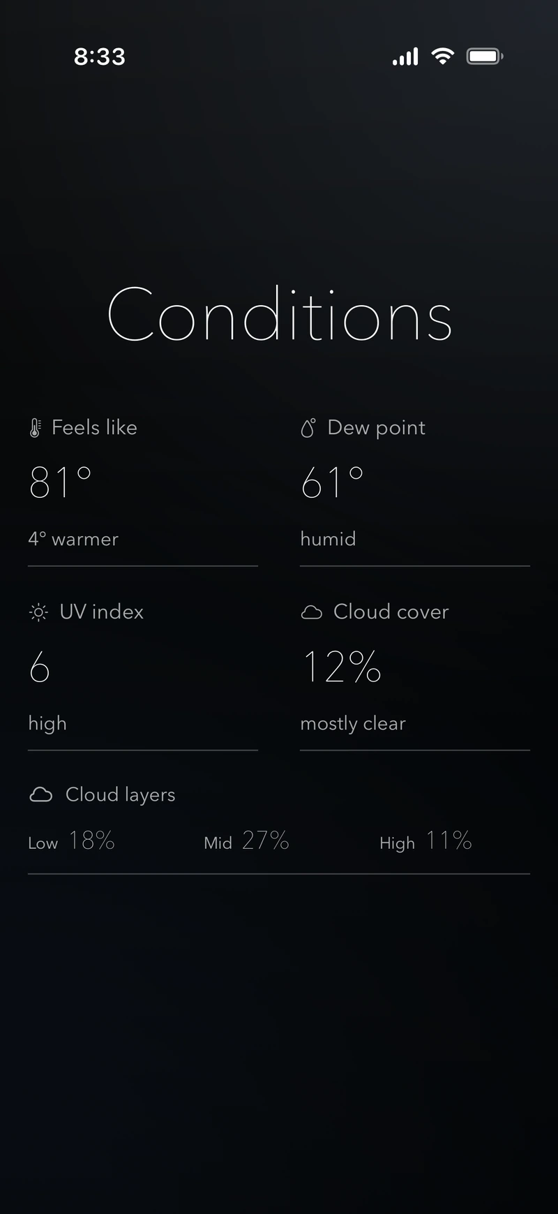 Viento's Conditions page with feels-like temperature, dew point, UV index, and cloud layers