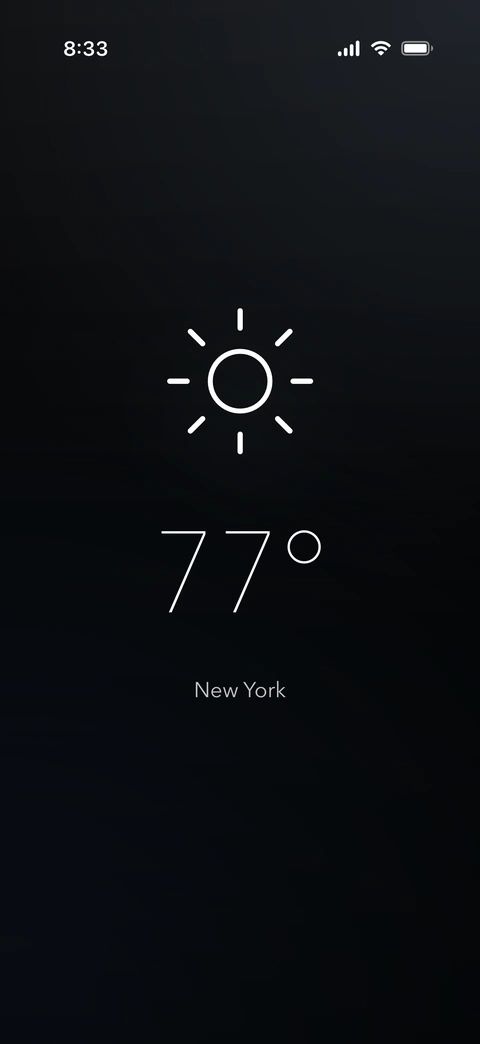 Viento's minimal current weather: a sun symbol, 77 degrees, and New York